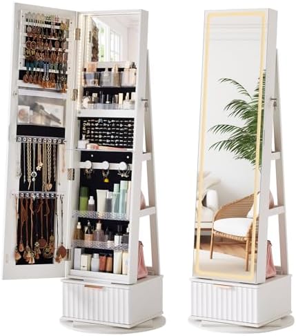 Full Length Mirror Jewelry Armoire - Fluted 360 ° Armoire à bijoux