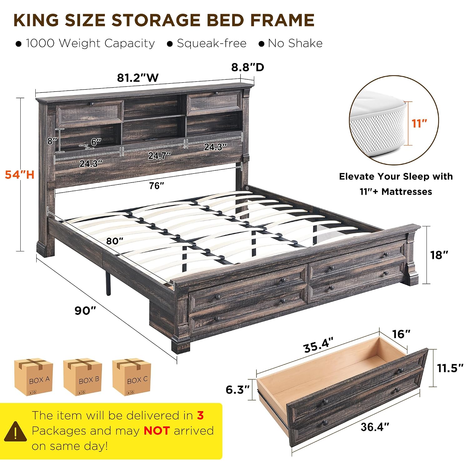 King Size Bed Frame With Storage Drawers - Cadre de lit King Size, tête