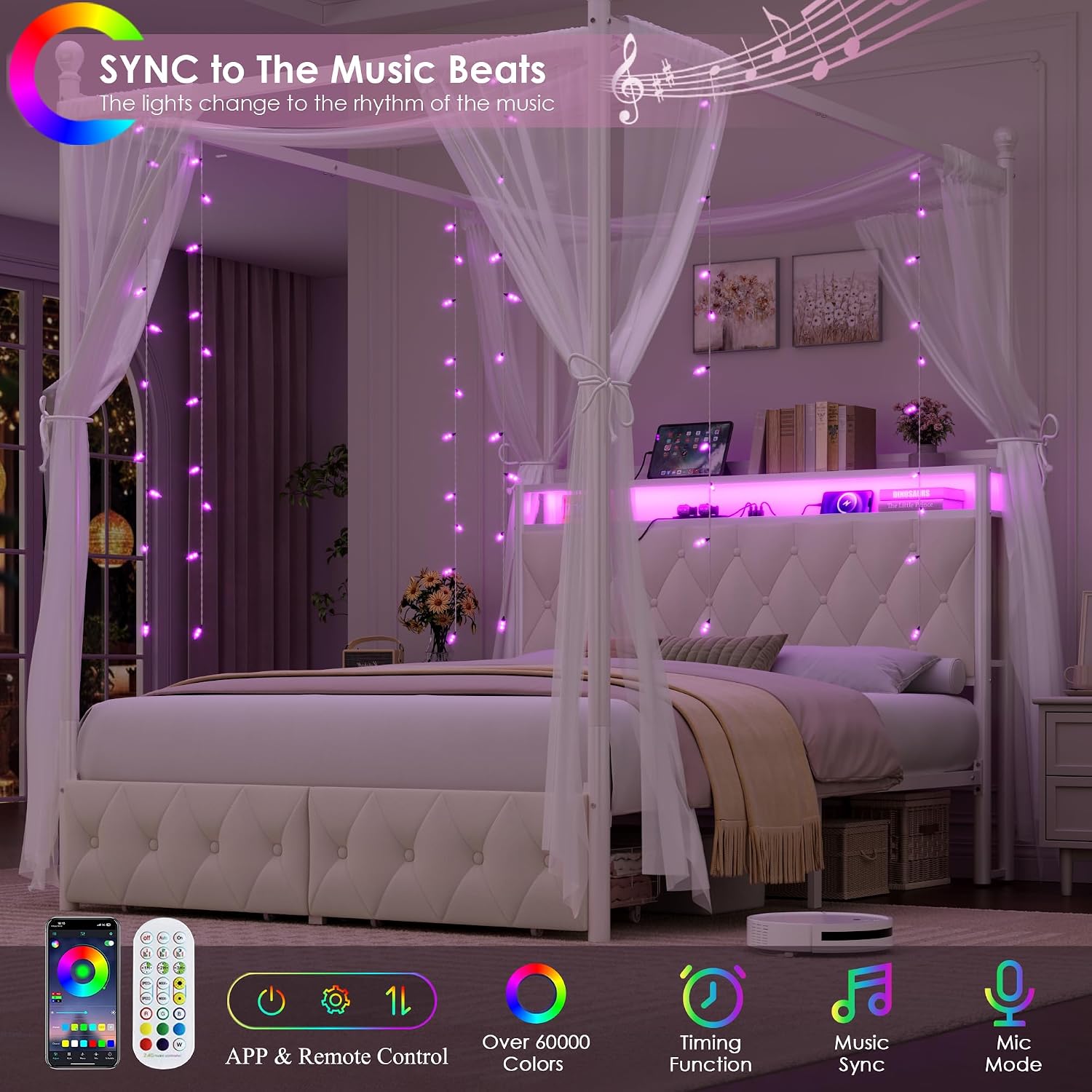 Cadre de lit à baldaquin LED t - Canopy Bed Frame Metal Queen avis et prix