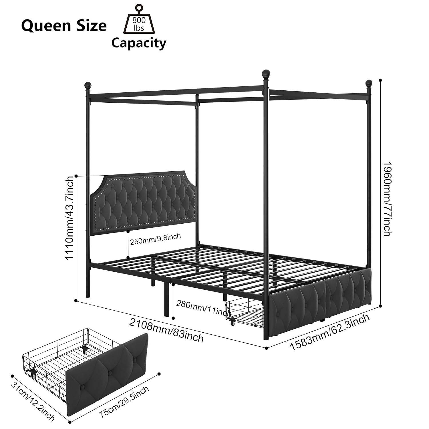 Cadre de lit avec tête de lit  - Canopy Bed Frame Metal Queen avis et prix
